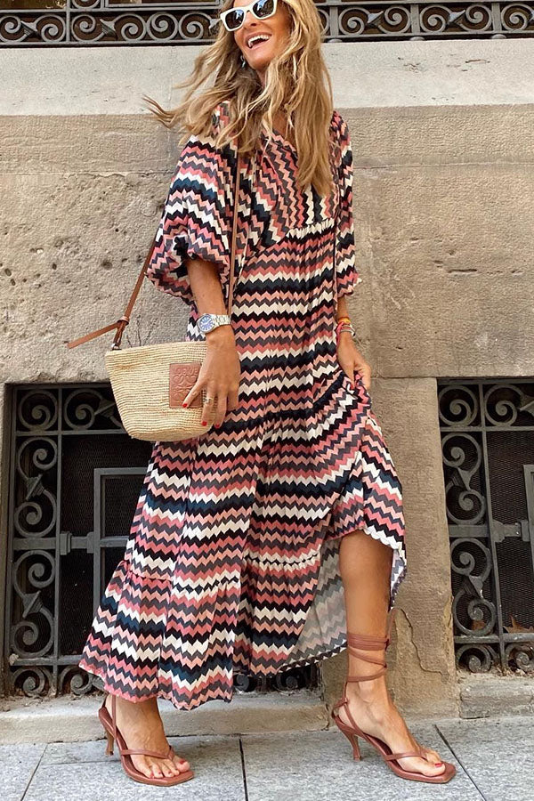 Vestido Midi Escalonado de Manga Abullonada – Tiempo Fabuloso María