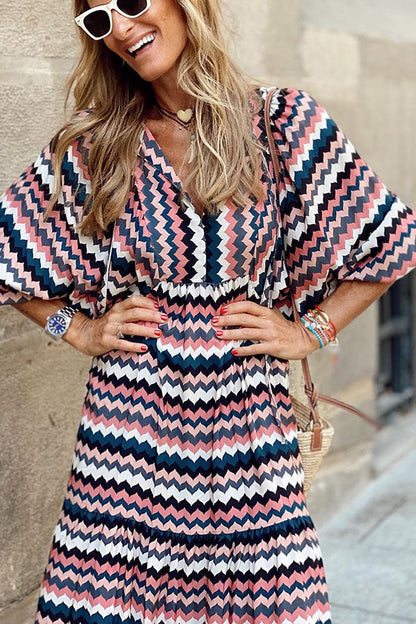 Vestido Midi Escalonado de Manga Abullonada – Tiempo Fabuloso María