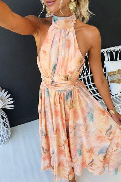 Vestido Maxi "Acuarela" con Escote Halter, Espalda Descubierta y Cintura Definida