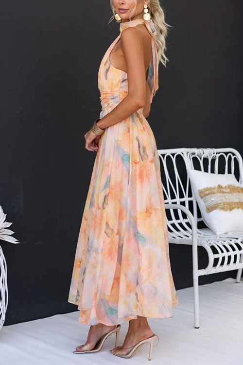 Vestido Maxi "Acuarela" con Escote Halter, Espalda Descubierta y Cintura Definida