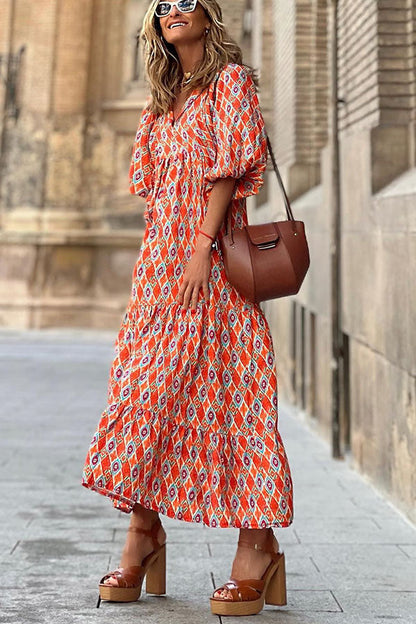 Vestido Midi Escalonado de Manga Abullonada – Tiempo Fabuloso María