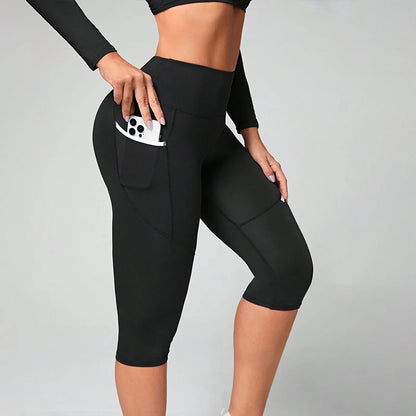 Leggings Capri de Yoga Mujer con Cintura Alta y Bolsillos – Control Abdomen