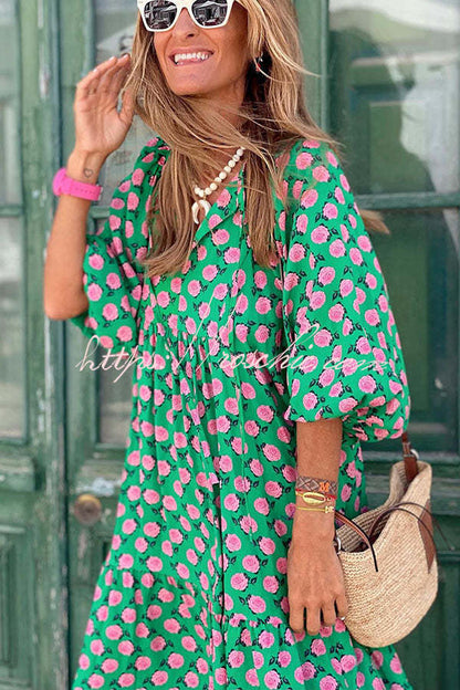Vestido Midi Escalonado de Manga Abullonada – Tiempo Fabuloso María